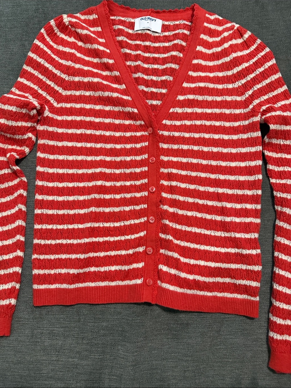 Old Navy Red and Cream Striped V-Neck Cardigan Sweater
